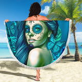 Calavera Fresh Look Design #2 Beach Blanket (Turquoise Tiffany Rose) - FREE SHIPPING