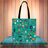 Halloween Pattern (Teal) Halloween Trick Or Treat Cloth Tote Goody Bag Halloween Pattern (Teal) Halloween Trick Or Treat Cloth Tote Goody Bag