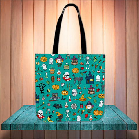 Halloween Pattern (Teal) Halloween Trick Or Treat Cloth Tote Goody Bag Halloween Pattern (Teal) Halloween Trick Or Treat Cloth Tote Goody Bag