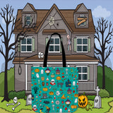 Halloween Pattern (Teal) Halloween Trick Or Treat Cloth Tote Goody Bag Halloween Pattern (Teal) Halloween Trick Or Treat Cloth Tote Goody Bag