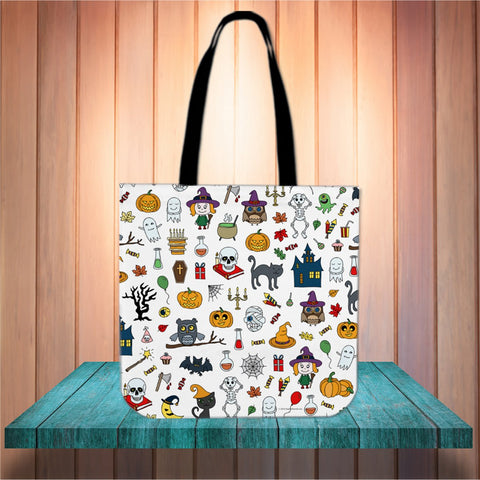 Halloween Pattern (White) Halloween Trick Or Treat Cloth Tote Goody Bag Halloween Pattern (White) Halloween Trick Or Treat Cloth Tote Goody Bag