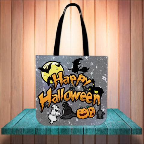 Happy Halloween Design #1 (Gray) Halloween Trick Or Treat Cloth Tote Goody Bag Happy Halloween Design #1 (Gray) Halloween Trick Or Treat Cloth Tote Goody Bag