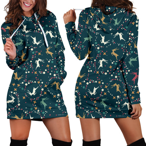 Ugly Christmas Sweater Hoodie Dress - Flying Reindeer Design #1 (Blue) - For Small To Plus Size Divas - FREE SHIPPING