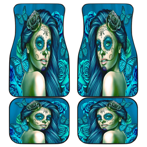 Calavera Fresh Look Design #2 Car Floor Mats (Turquoise Tiffany Rose, Front & Back) - FREE SHIPPING