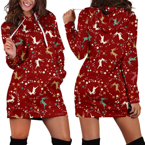 Ugly Christmas Sweater Hoodie Dress - Flying Reindeer Design #1 (Red) - For Small To Plus Size Divas - FREE SHIPPING
