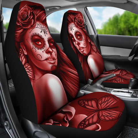 Calavera Fresh Look Design #2 Car Seat Covers (Red Freedom Rose) - FREE SHIPPING