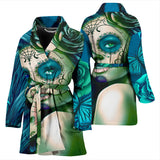 Calavera Fresh Look Design #2 Women's Bathrobe (Turquoise Tiffany Rose) - FREE SHIPPING