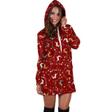 Ugly Christmas Sweater Hoodie Dress - Flying Reindeer Design #1 (Red) - For Small To Plus Size Divas - FREE SHIPPING
