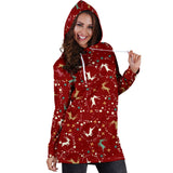 Ugly Christmas Sweater Hoodie Dress - Flying Reindeer Design #1 (Red) - For Small To Plus Size Divas - FREE SHIPPING