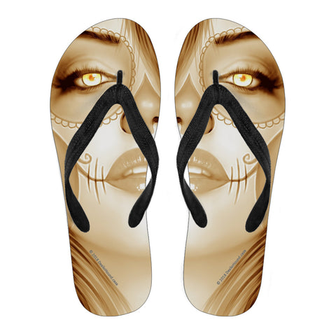 Calavera Fresh Look Design #3 Women's Flip-Flops (Honey Tiger's Eye)