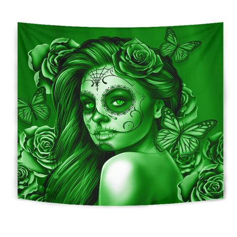 Calavera Fresh Look Design #2 Wall Tapestry (Green Lime Rose) - FREE SHIPPING