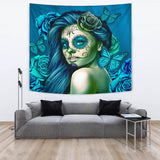 Calavera Fresh Look Design #2 Wall Tapestry (Turquoise Tiffany Rose) - FREE SHIPPING