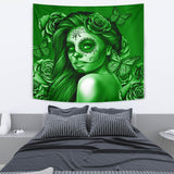 Calavera Fresh Look Design #2 Wall Tapestry (Green Lime Rose) - FREE SHIPPING