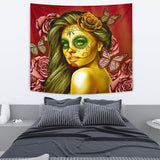 Calavera Fresh Look Design #2 Wall Tapestry (Yellow Smiley Face Rose) - FREE SHIPPING