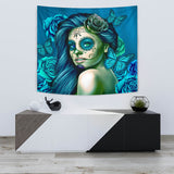 Calavera Fresh Look Design #2 Wall Tapestry (Turquoise Tiffany Rose) - FREE SHIPPING