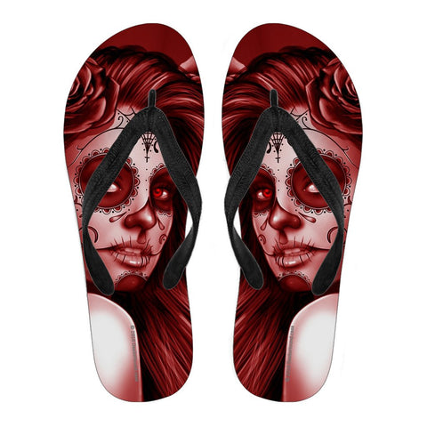 Calavera Fresh Look Design #2 Women's Flip-Flops (Red Freedom Rose)