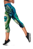 Calavera Fresh Look Design #2 Capri Leggings (Turquoise Tiffany Rose) - FREE SHIPPING