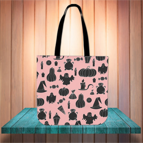 Halloween Icons Halloween Trick Or Treat Cloth Tote Goody Bag (Pink Cream)