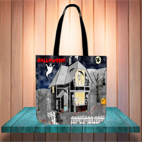 Haunted House Halloween Trick Or Treat Cloth Tote Goody Bag