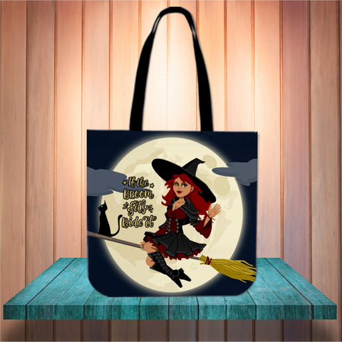 If The Broom Fits, Ride It Design #2 Halloween Trick Or Treat Cloth Tote Goody Bag