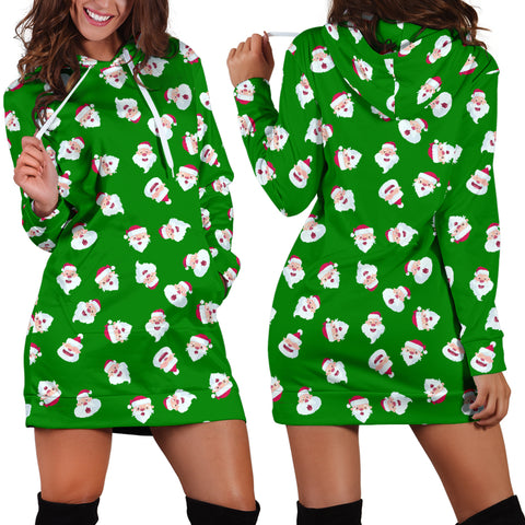 Ugly Christmas Sweater Hoodie Dress - Santa Claus Design #1 (Green) - For Small To Plus Size Divas - FREE SHIPPING