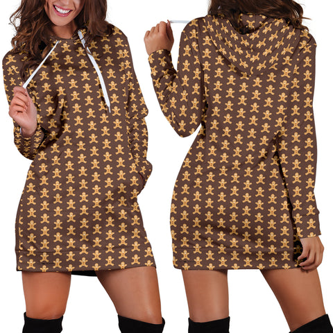 Ugly Christmas Sweater Hoodie Dress - Gingerbread Men Design #4 (Brown) - For Small To Plus Size Divas - FREE SHIPPING