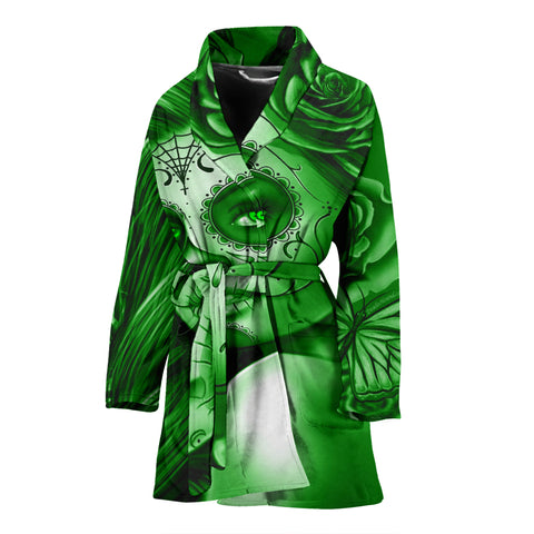 Calavera Fresh Look Design #2 Women's Bathrobe (Green Lime Rose) - FREE SHIPPING