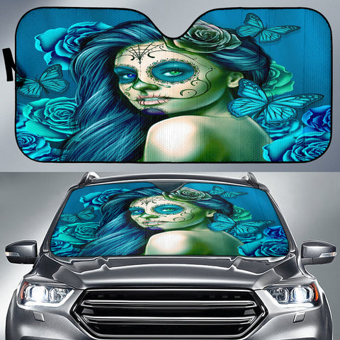 Calavera Fresh Look Design #2 Auto Sun Shade (Turquoise Tiffany Rose) - FREE SHIPPING