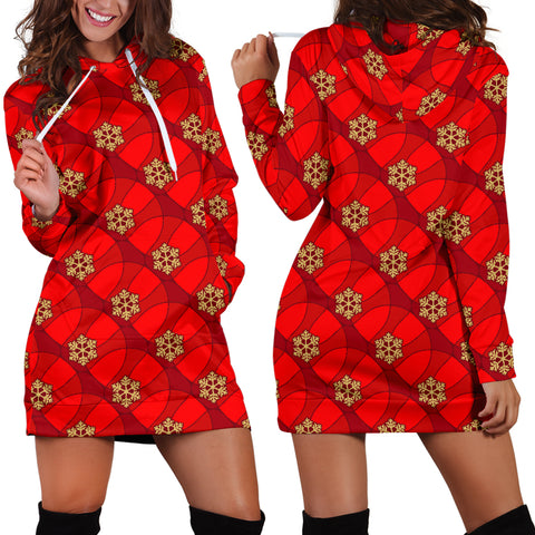 Ugly Christmas Sweater Hoodie Dress - Snowflakes Design #5 (Red) - For Small To Plus Size Divas - FREE SHIPPING