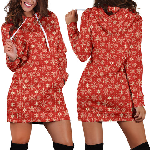 Ugly Christmas Sweater Hoodie Dress - Snowflakes Design #2 (Red) - For Small To Plus Size Divas - FREE SHIPPING