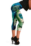 Calavera Fresh Look Design #2 Capri Leggings (Turquoise Tiffany Rose) - FREE SHIPPING
