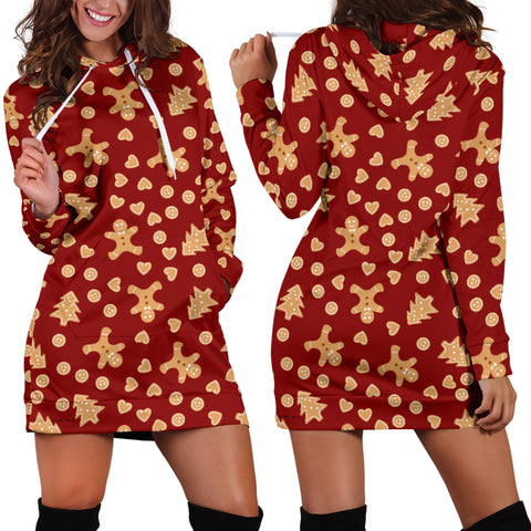 Ugly Christmas Sweater Hoodie Dress - Gingerbread Men Design #2 (Brown) - For Small To Plus Size Divas - FREE SHIPPING