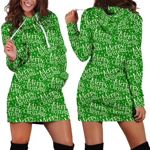 Ugly Christmas Sweater Hoodie Dress - Merry Christmas Design #1 (Green) - For Small To Plus Size Divas - FREE SHIPPING