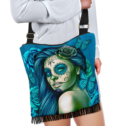 Calavera Fresh Look Design #2 Cross-Body Boho Handbag (Turquoise Tiffany Rose) - FREE SHIPPING