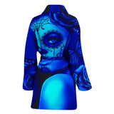 Calavera Fresh Look Design #2 Women's Bathrobe (Blue Elusive Rose) - FREE SHIPPING