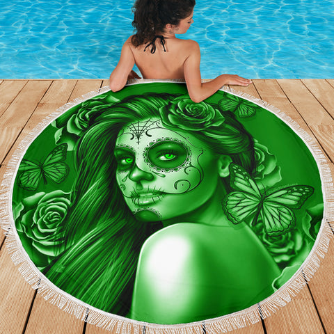 Calavera Fresh Look Design #2 Beach Blanket (Green Lime Rose) - FREE SHIPPING