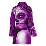 Calavera Fresh Look Design #2 Women's Bathrobe (Purple Night Owl Rose) - FREE SHIPPING
