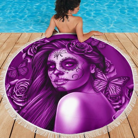 Calavera Fresh Look Design #2 Beach Blanket (Purple Night Owl Rose) - FREE SHIPPING