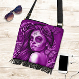 Calavera Fresh Look Design #2 Cross-Body Boho Handbag (Purple Night Owl Rose) - FREE SHIPPING