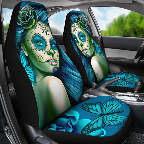 Calavera Fresh Look Design #2 Car Seat Covers (Turquoise Tiffany Rose) - FREE SHIPPING