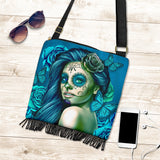 Calavera Fresh Look Design #2 Cross-Body Boho Handbag (Turquoise Tiffany Rose) - FREE SHIPPING