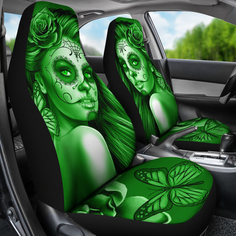 Calavera Fresh Look Design #2 Car Seat Covers (Green Lime Rose) - FREE SHIPPING