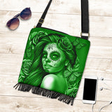 Calavera Fresh Look Design #2 Cross-Body Boho Handbag (Green Lime Rose) - FREE SHIPPING