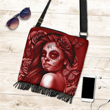 Calavera Fresh Look Design #2 Cross-Body Boho Handbag (Red Freedom Rose) - FREE SHIPPING
