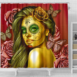Calavera Fresh Look Design #2 Shower Curtain (Yellow Smiley Face Rose)