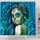 Calavera Fresh Look Design #2 Shower Curtain (Turquoise Tiffany Rose) - FREE SHIPPING
