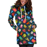Ugly Christmas Sweater Hoodie Dress - Christmas Presents Design #1 (Blue) - For Small To Plus Size Divas - FREE SHIPPING