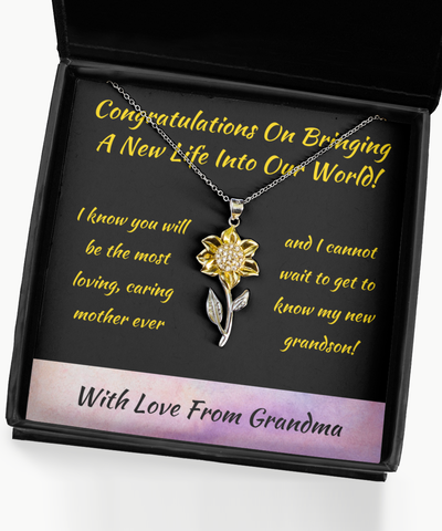 Sunflower Necklace Birth Of Son Congratulations Gift From Mother To Daughter, New Grandma To Mother, New Mother Pendant Jewelry, Grandson